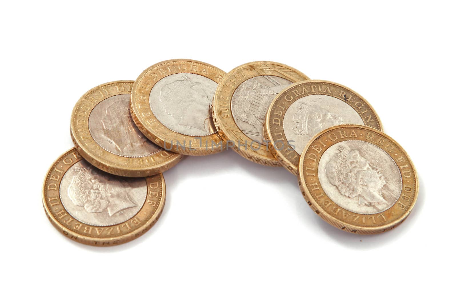 British, UK, two pound coins on a plain white background.