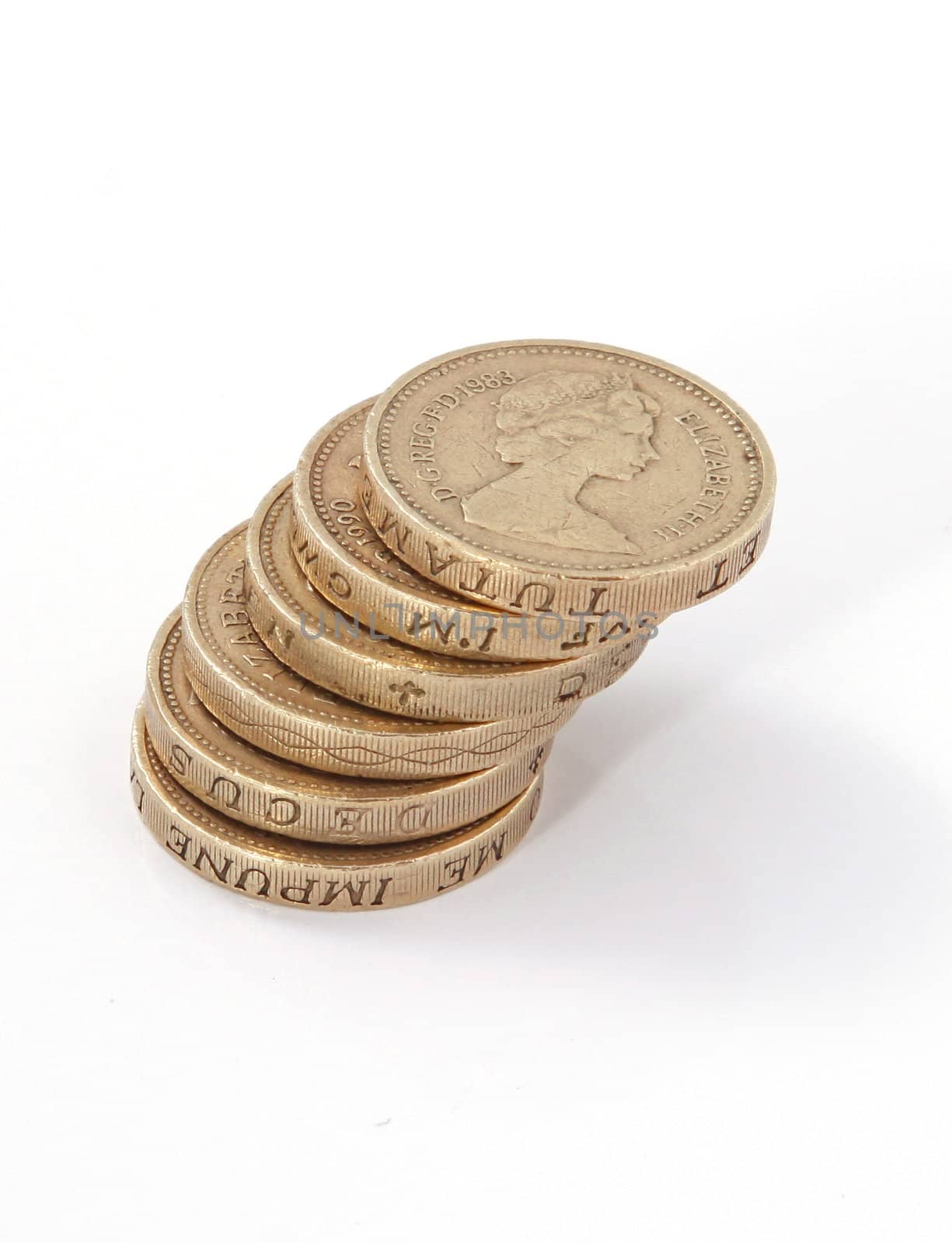 British, UK, pound coins on a plain white background.