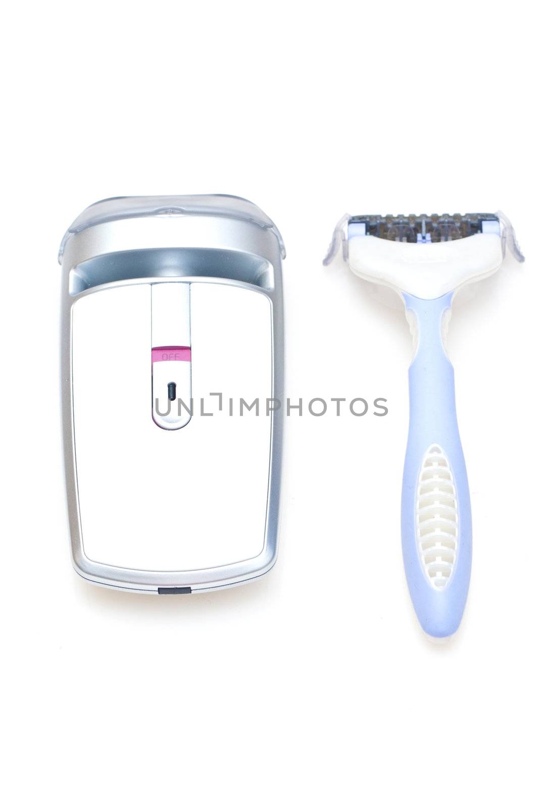 Electric and traditional shaver isolated on white background
