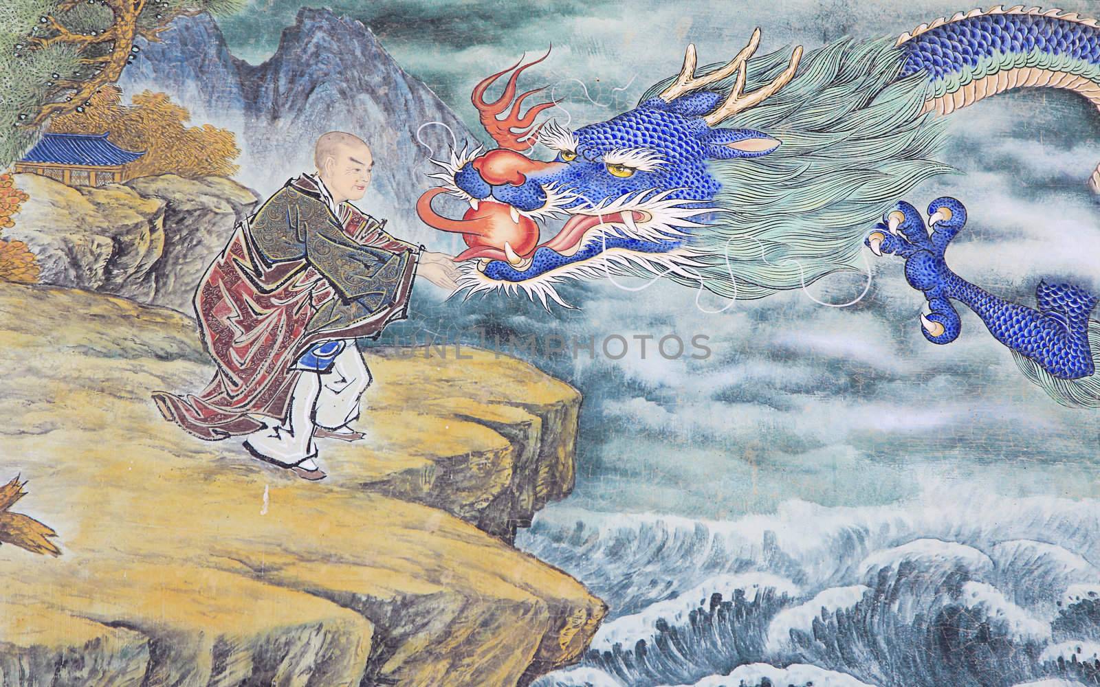 Traditional asian Dragon Painting on a temple in South Korea.