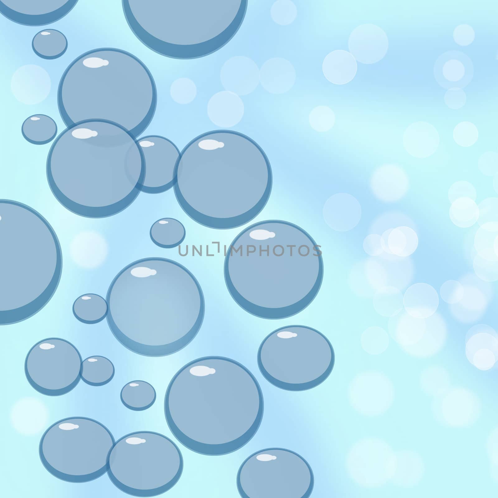 Rising bubbles: blue bubbles on a light blue background with bokeh