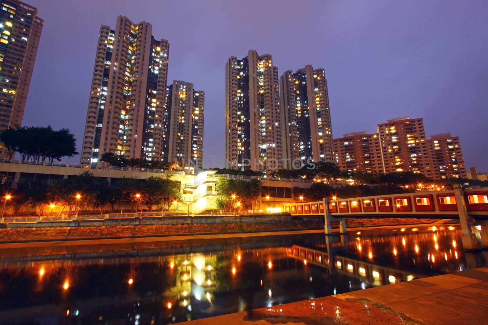 Hong Kong apartment blocks at sunset time