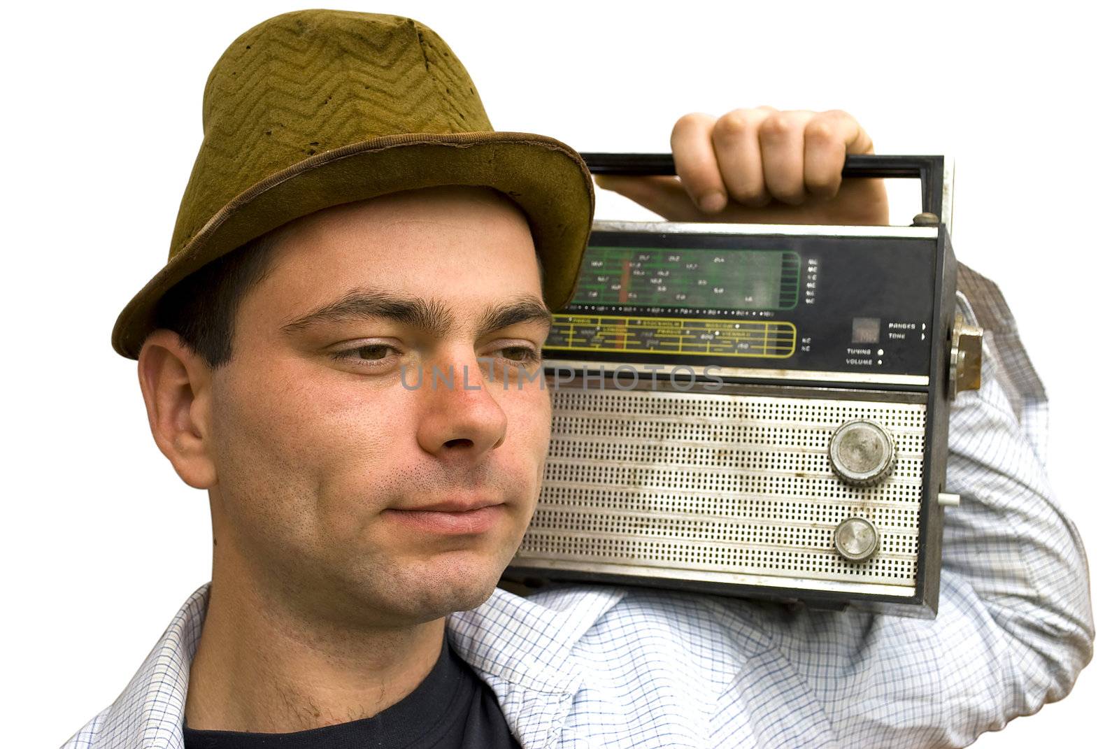 retro man listening to old radio isolated on white