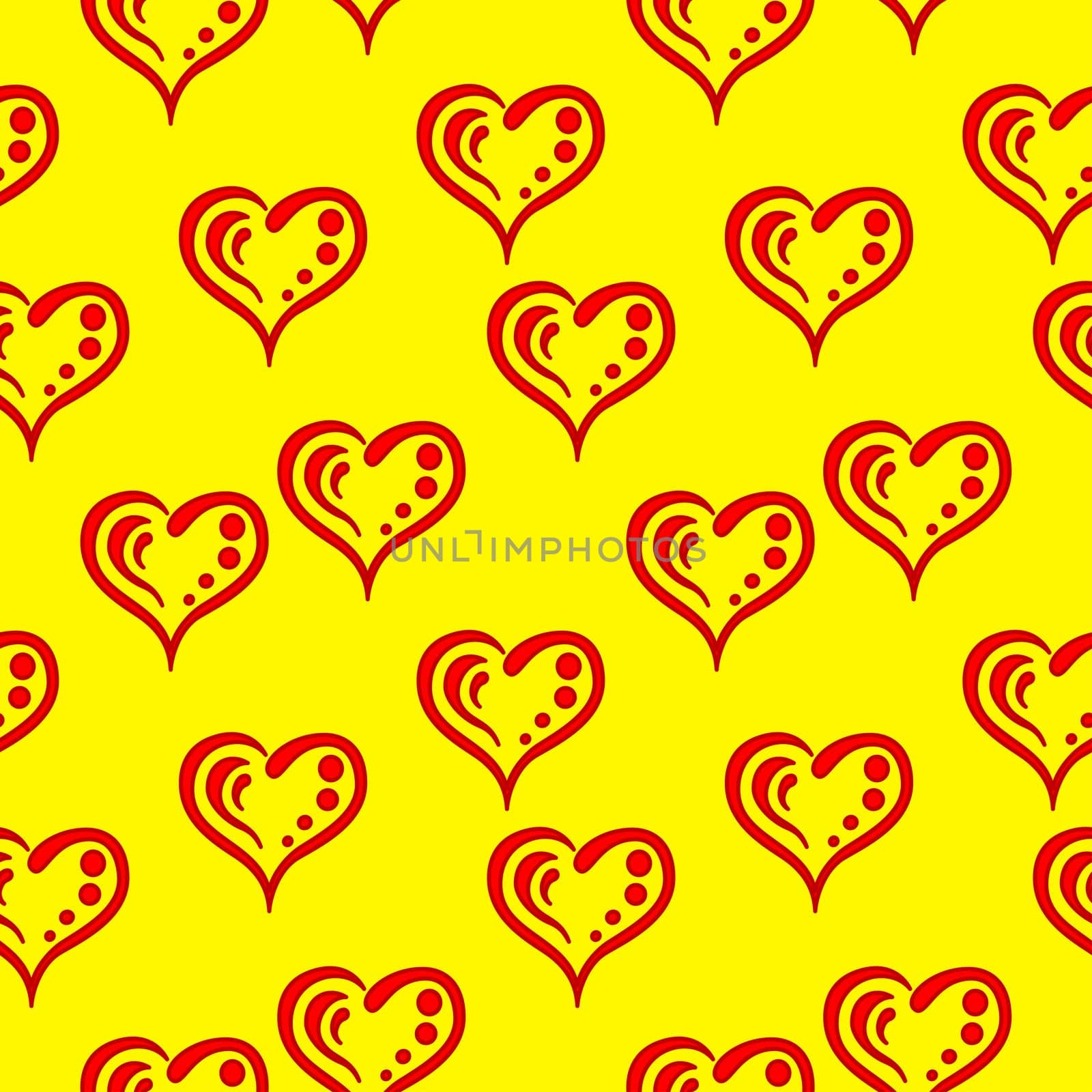 Abstract seamless background, symbolical red hearts on yellow, pictograms