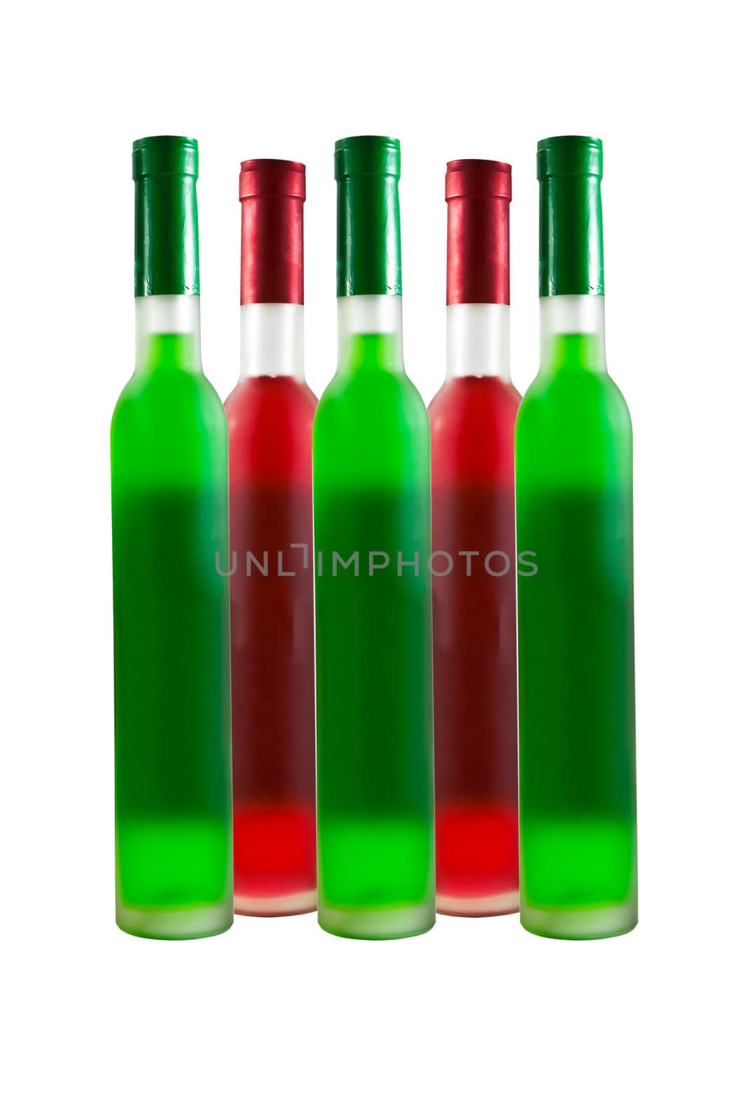 Green and Red wine bottles isolated on white.