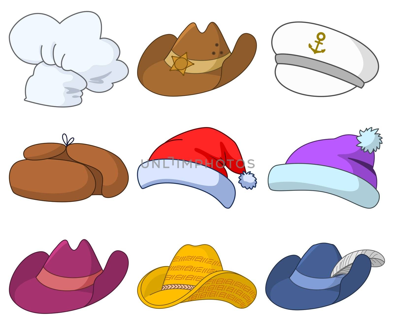 set of various hats: Santa Claus, cook, sheriff, musketeer, captain and others