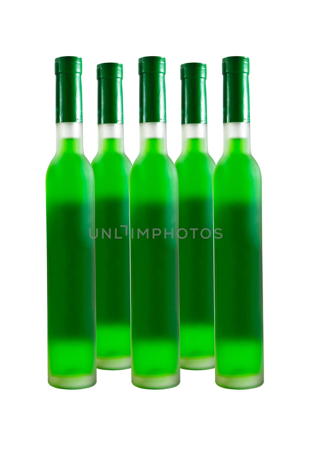 Green wine bottles in row isolated on white.