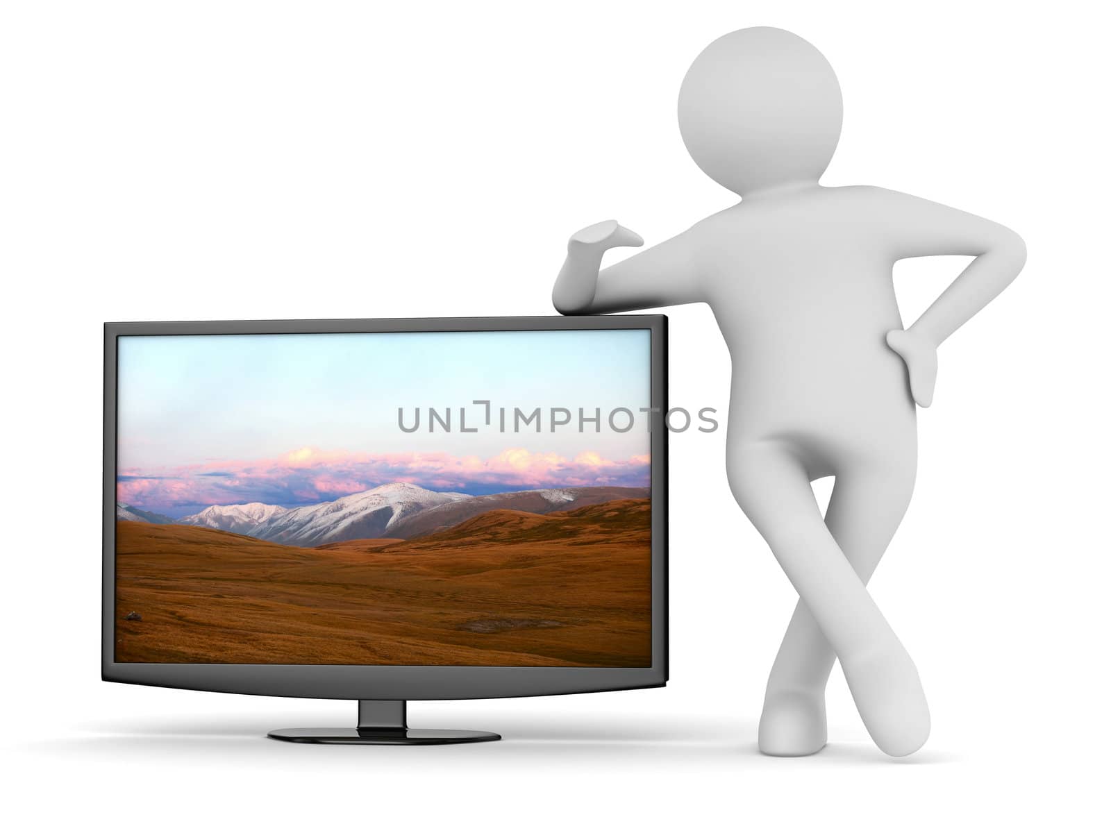 TV and man on white background. Isolated 3D image