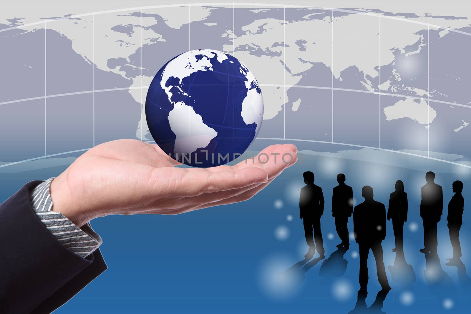business man Hand with eco global and people standing with world by Suriyaphoto
