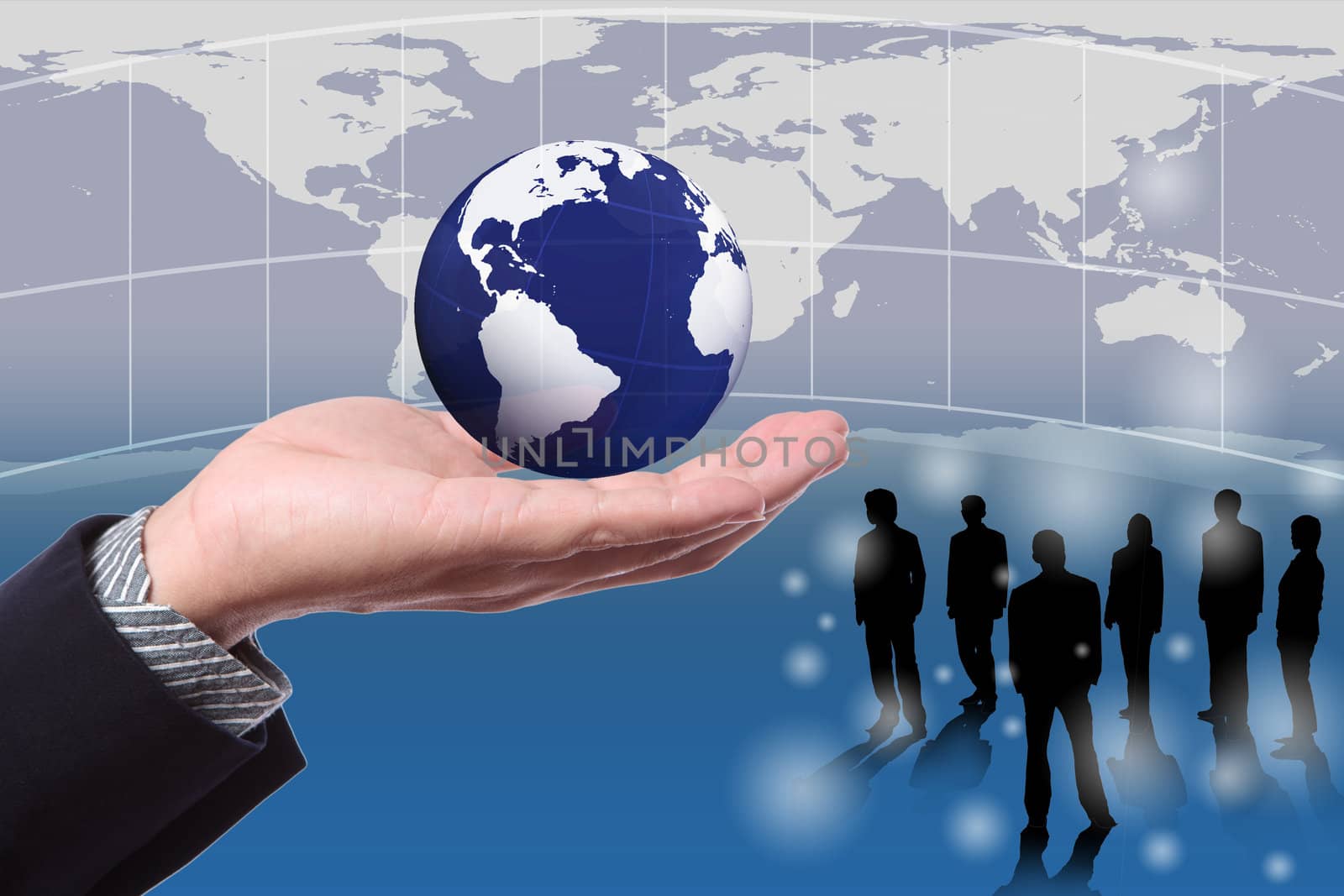 business man Hand with eco global and people standing with world map