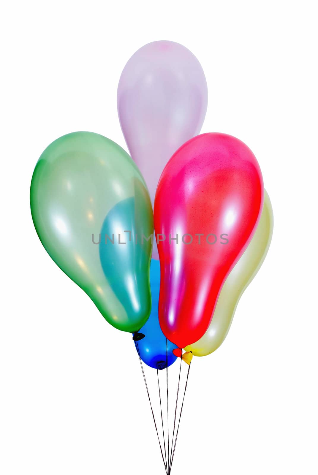 colourful, flying balloons on strings isolated on white background
