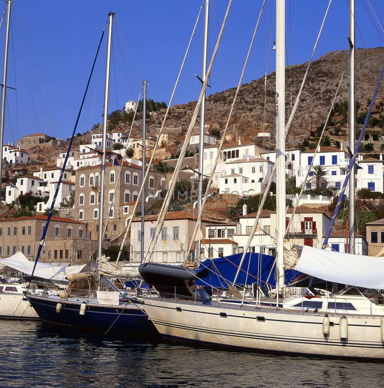 View from the sea of the greek island of Hydra