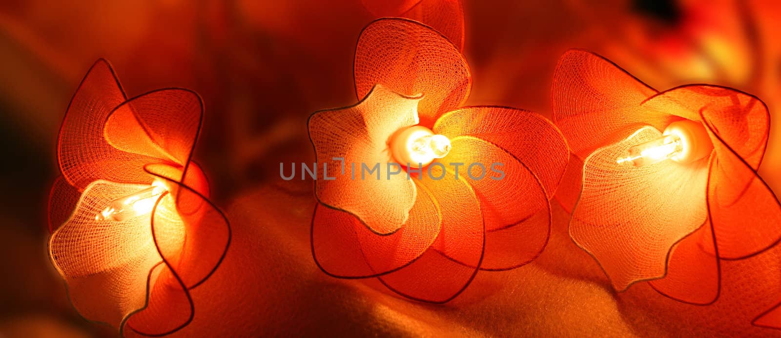 Decorative  flower-designed chinese  flashlights. Handmade, accomplished from  half-transparent fabric.  Softly  painted in orange and red. Making aura of well being and luck