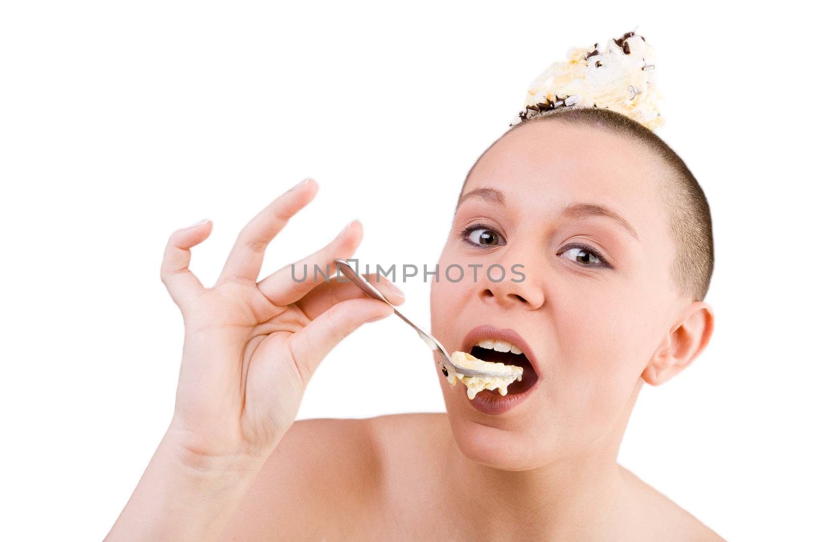 Young goodlooking woman with a ice cream on her head