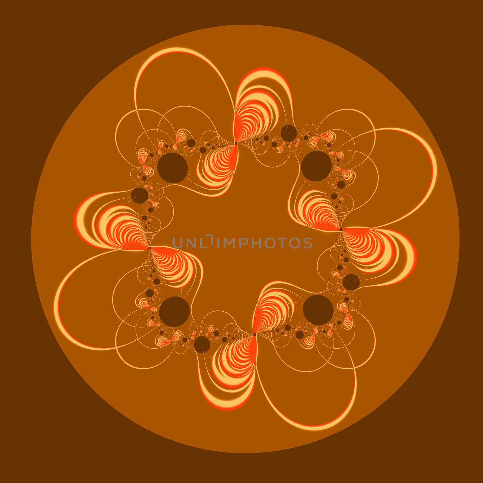 An abstract fractal done in warm shades of yellow, orange, and brown.
