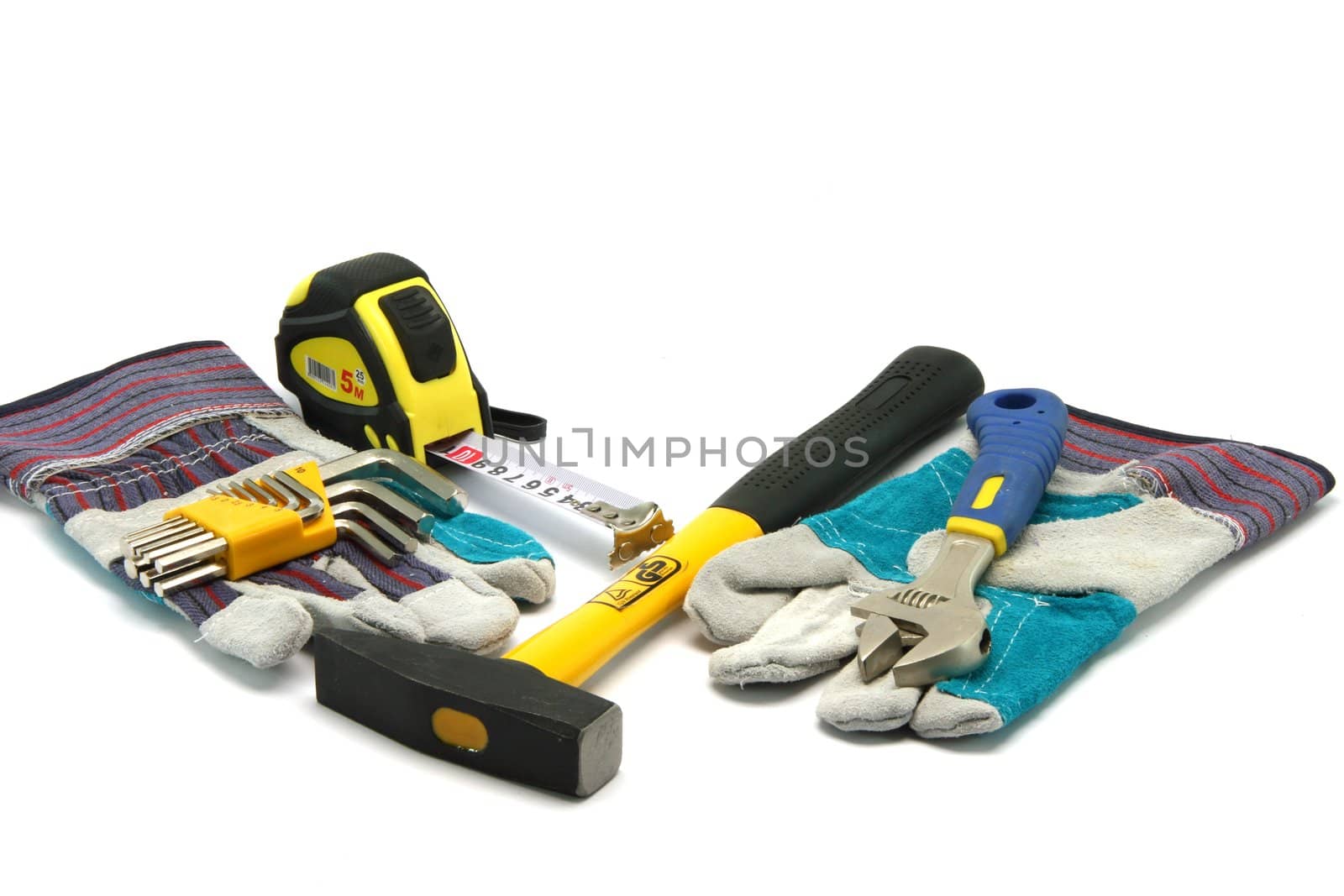 hardware tools hammer wrench  gloves Socket Screw Wrench and meter measure isolated on white background with copy space