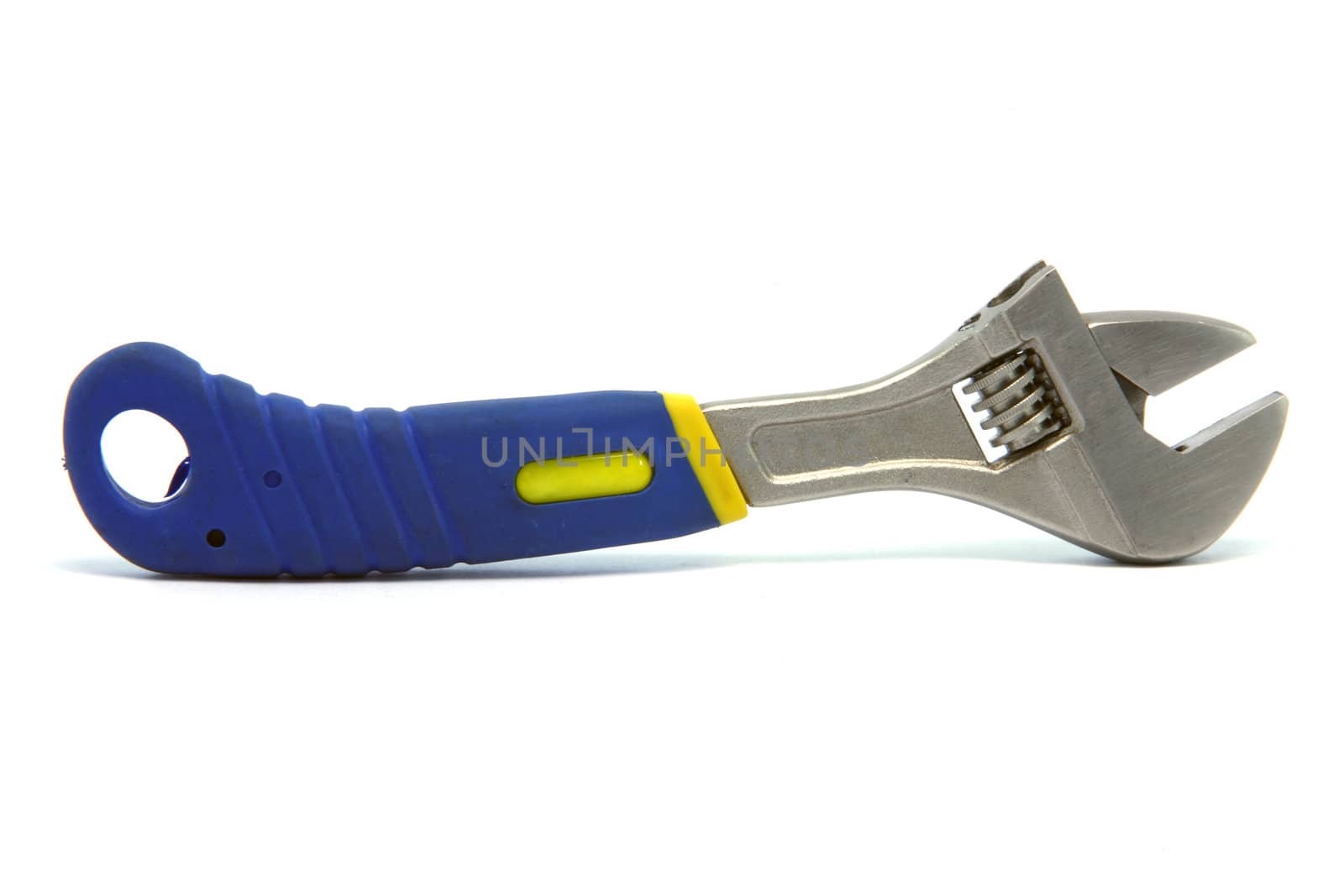 wrench with blue rubber handle  isolated on white background industrial tools
