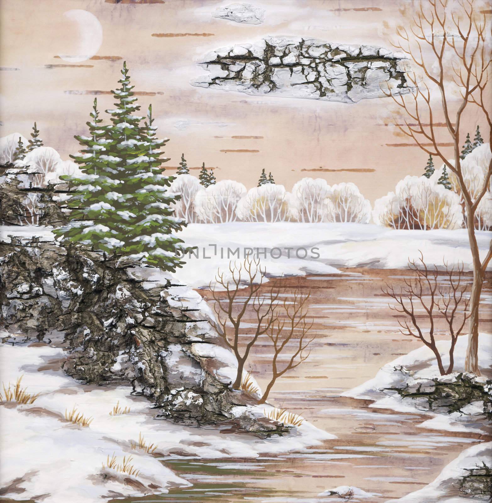 Drawing distemper on a birch bark: Winter landscape with river