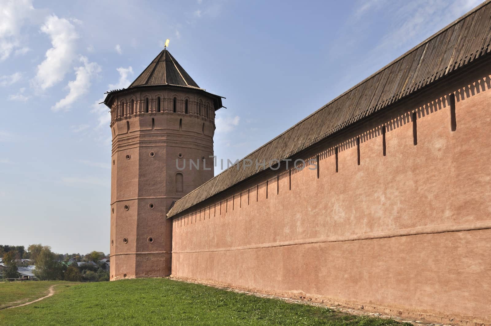 Tower and wall of medieval Spaso-Evfimevsky Monastery in Suzdal. The Golden Ring of Russia