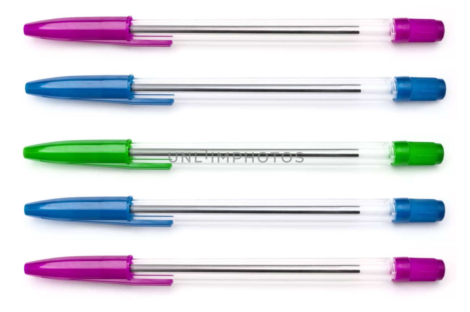 Five writing pens in a variety of colours arranged horizontally over white