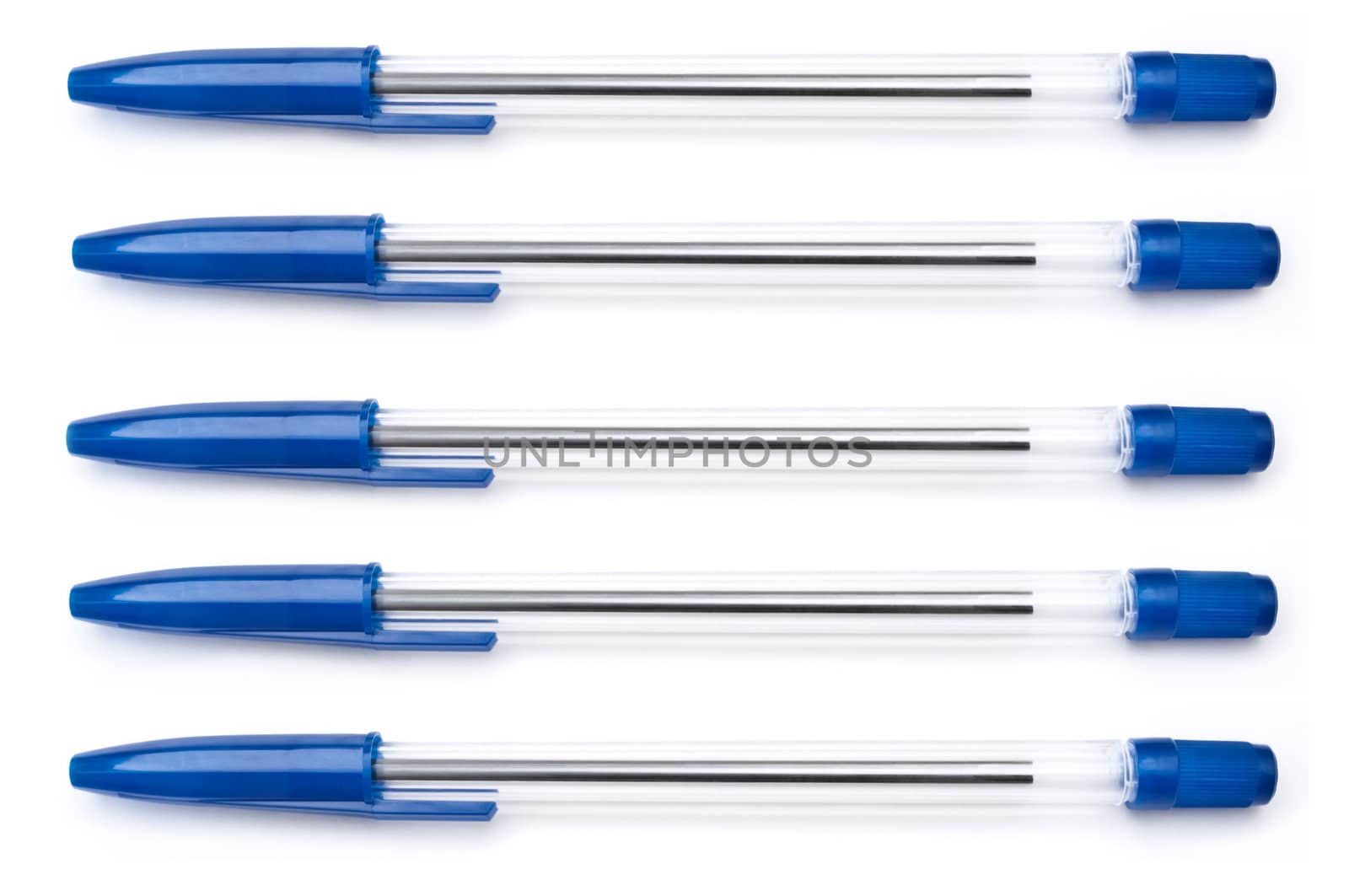 Five blue writing pens arranged horizontally over white