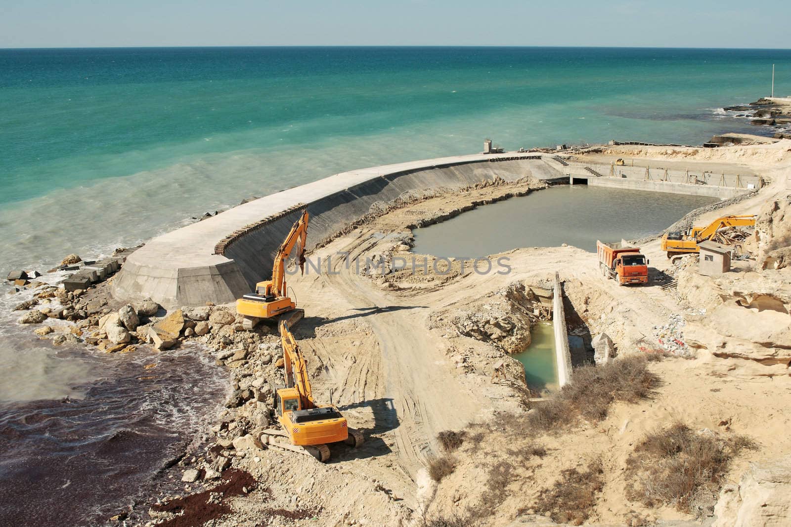 Construction of the dam, view from the top. Caspian Sea. Aktau.