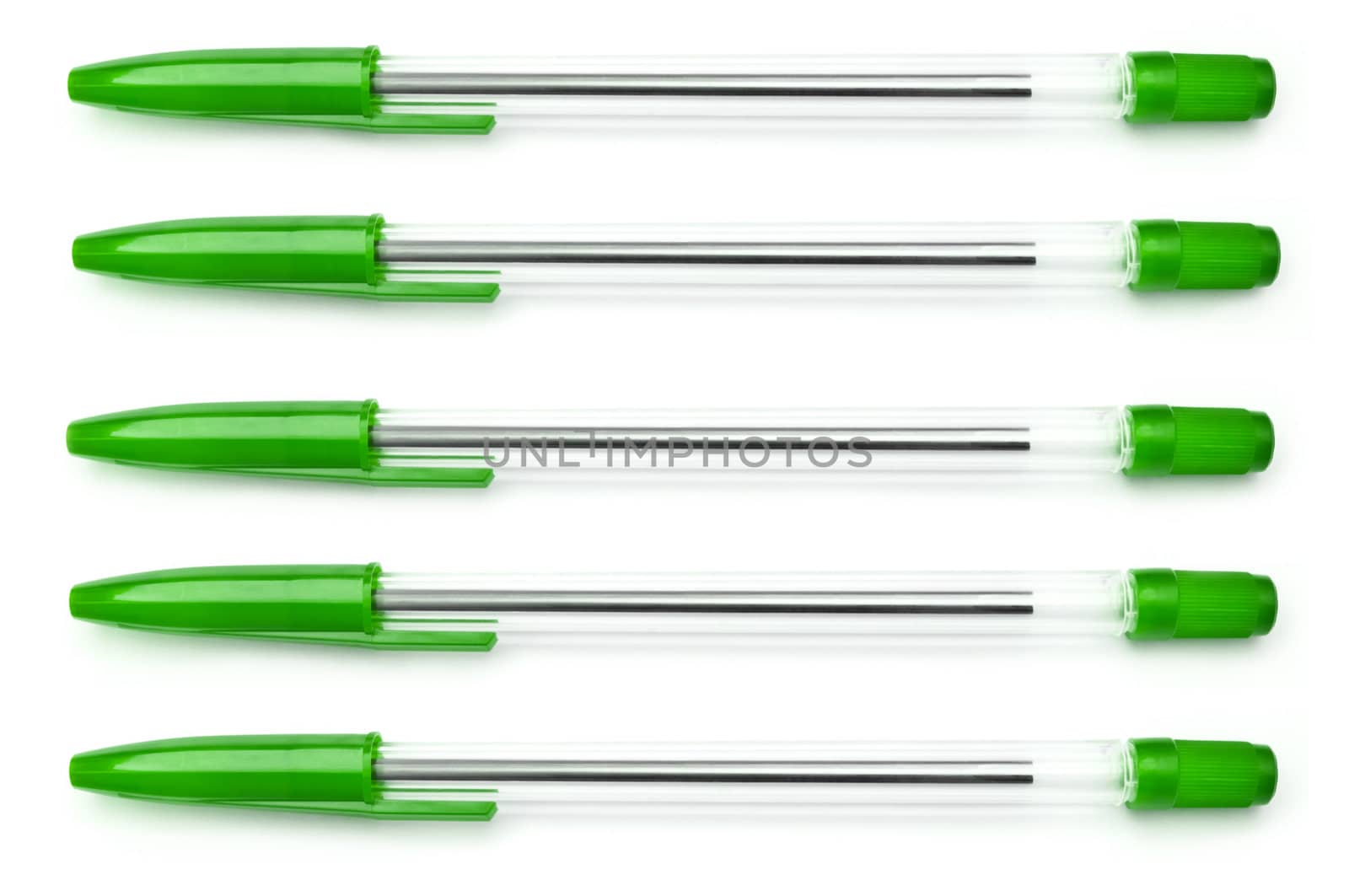 Five green writing pens arranged horizontally over white