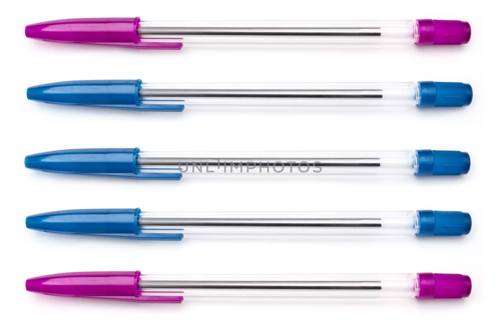 A selection of five blue and pink writing pens arranged horizontally over white