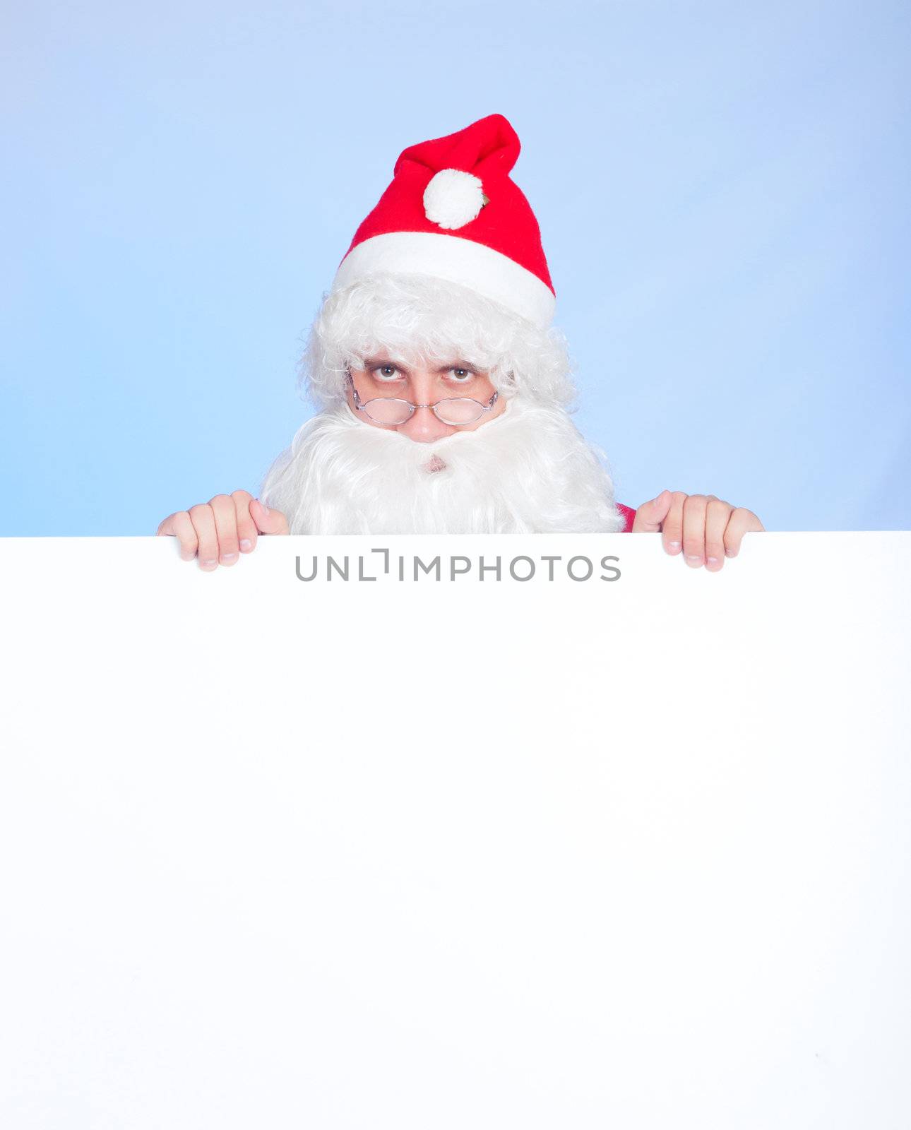 Xmas background: Santa, gifts, kid, happy holiday. Vertical view