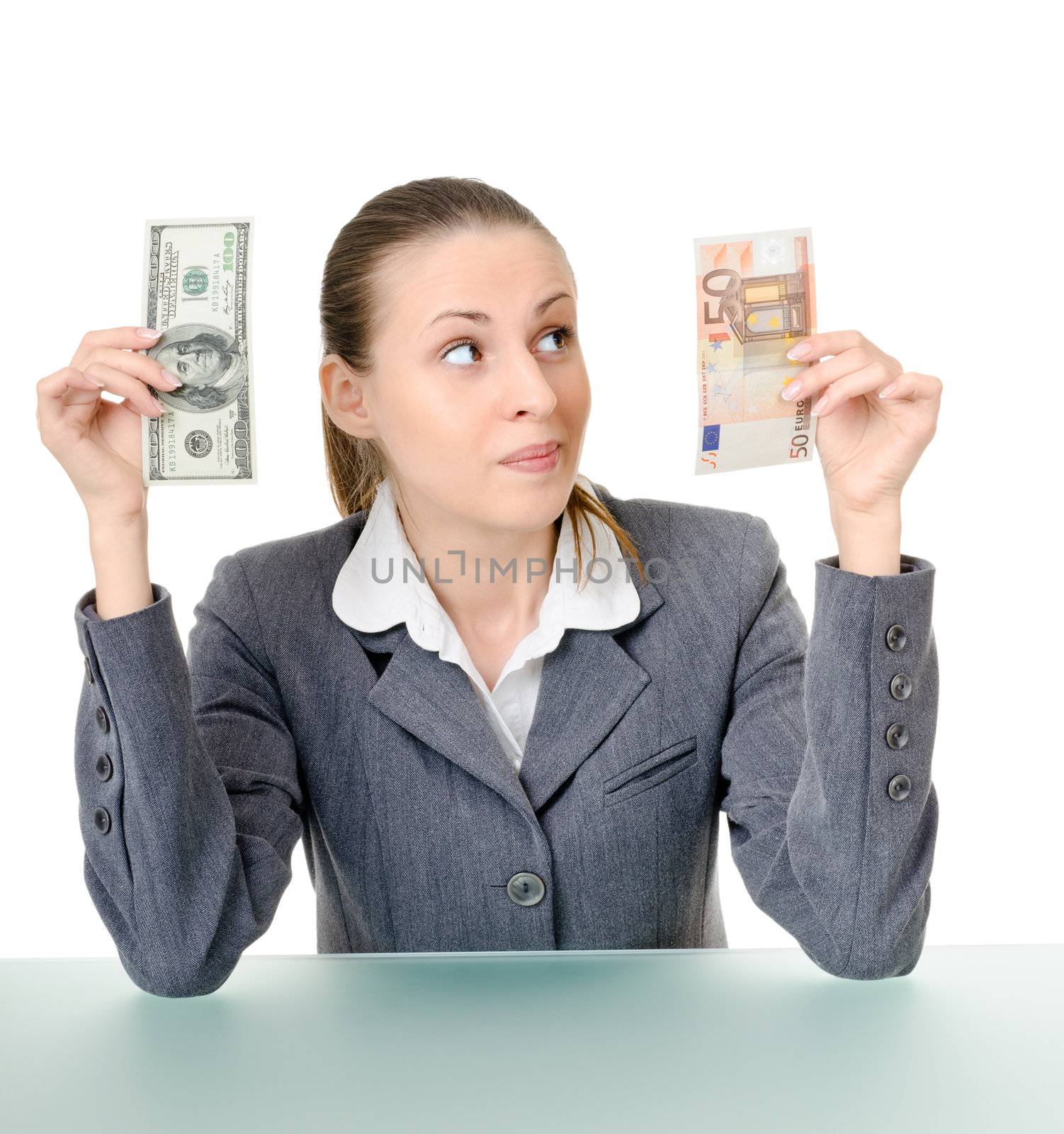 business woman holding a currency on a white background