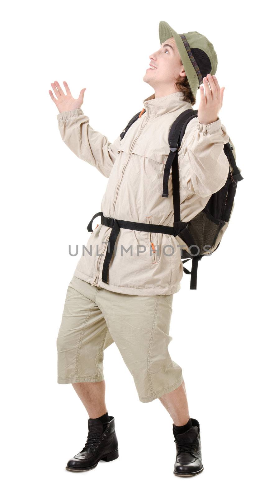 young man - tourist with backpack on a white background