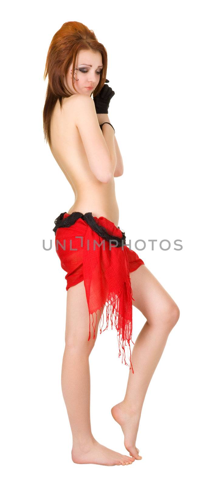 half-naked girl in a cabaret style on a white background