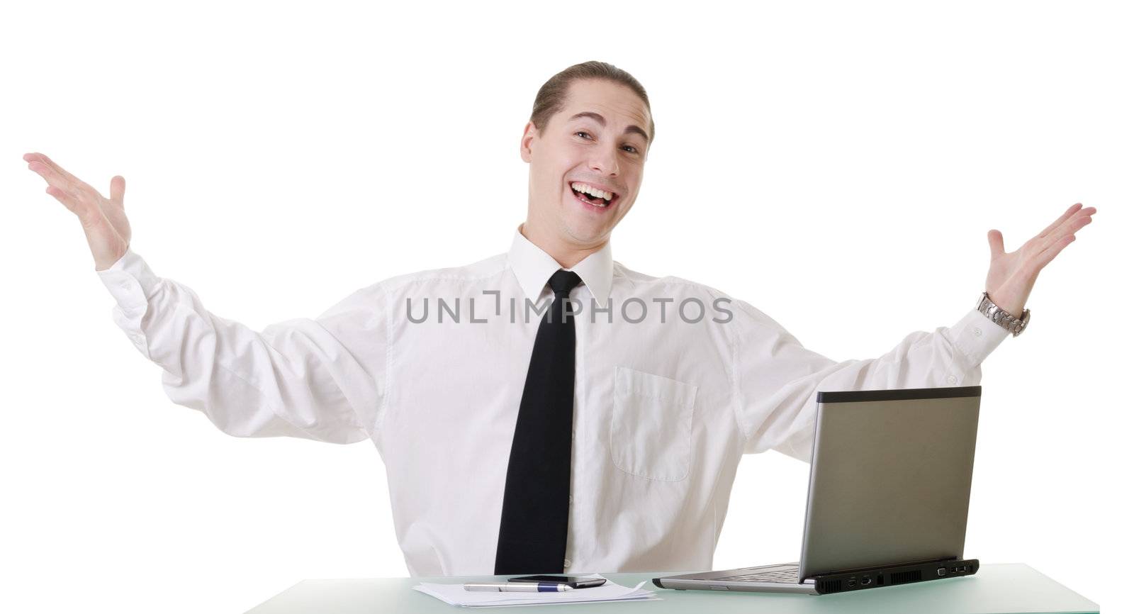 Businessman gesturing with emotions on a white background