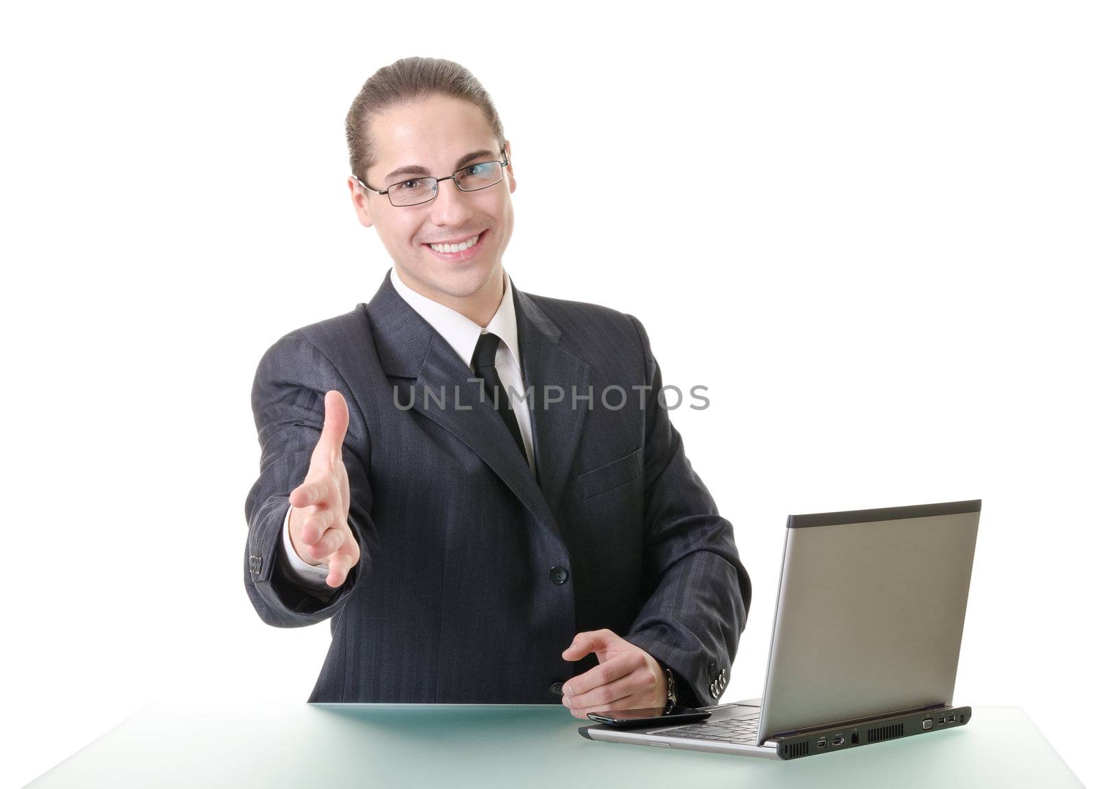 Businessman gesturing with emotions on a white background