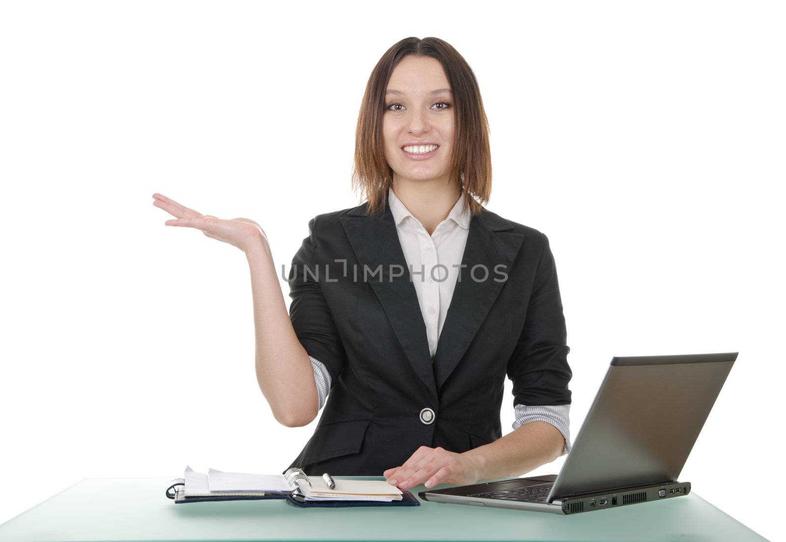 office manager, a young woman on a white background