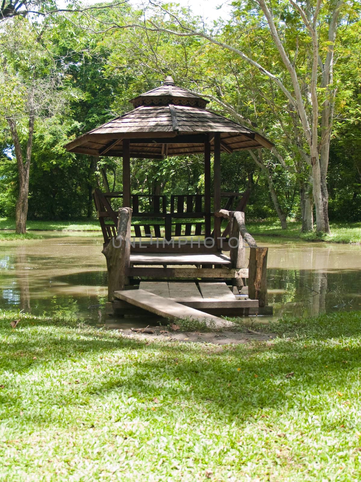 Wood pavilion on marsh in garden