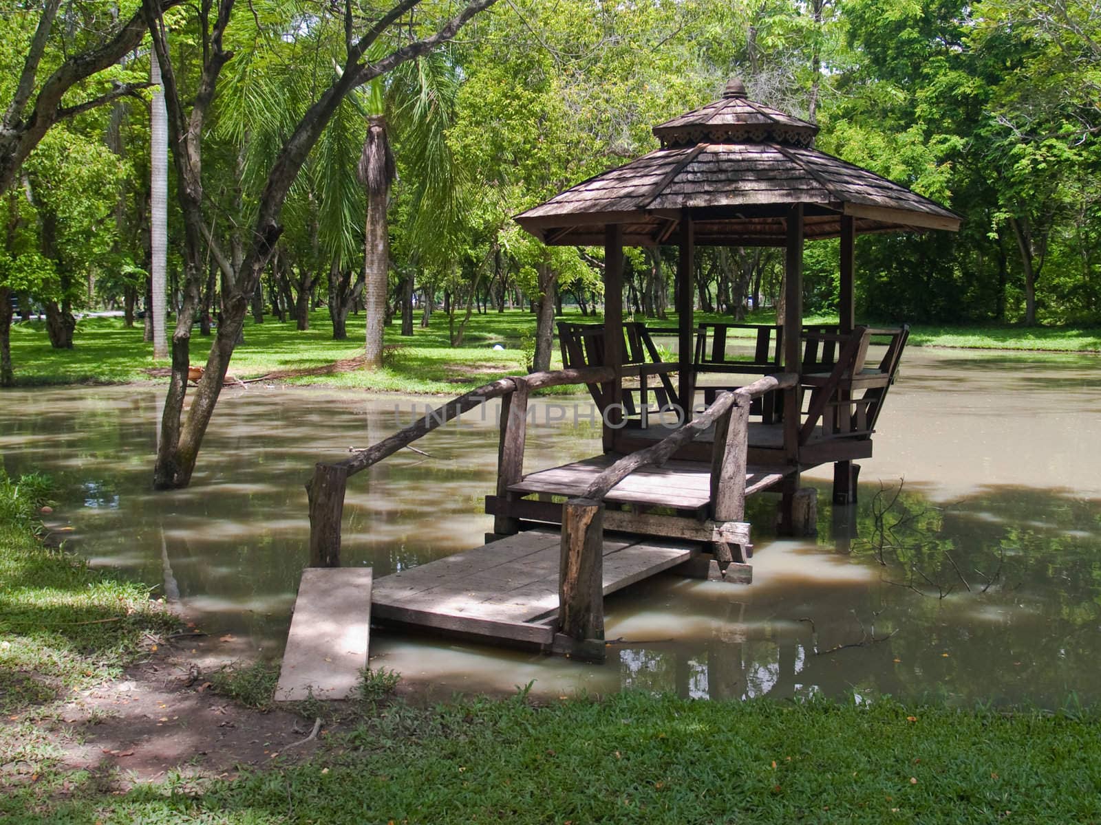 Wood pavilion on marsh in garden