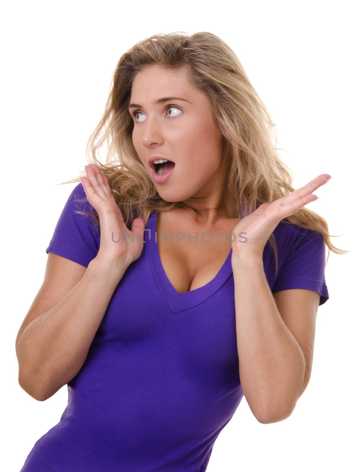 blonde young woman shows advertising gestures and emotions