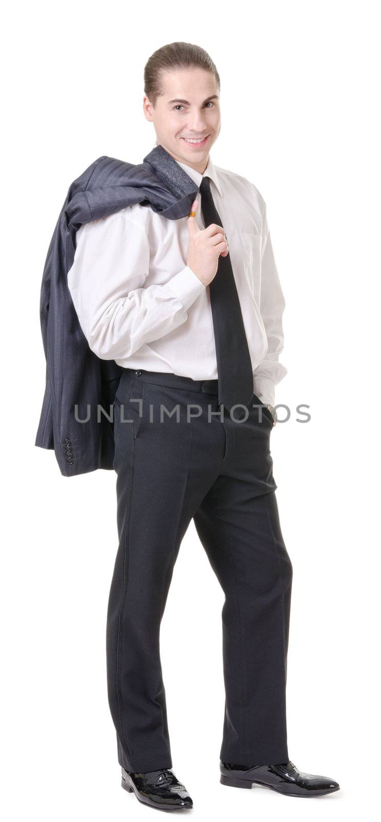 Businessman gesturing with emotions on a white background