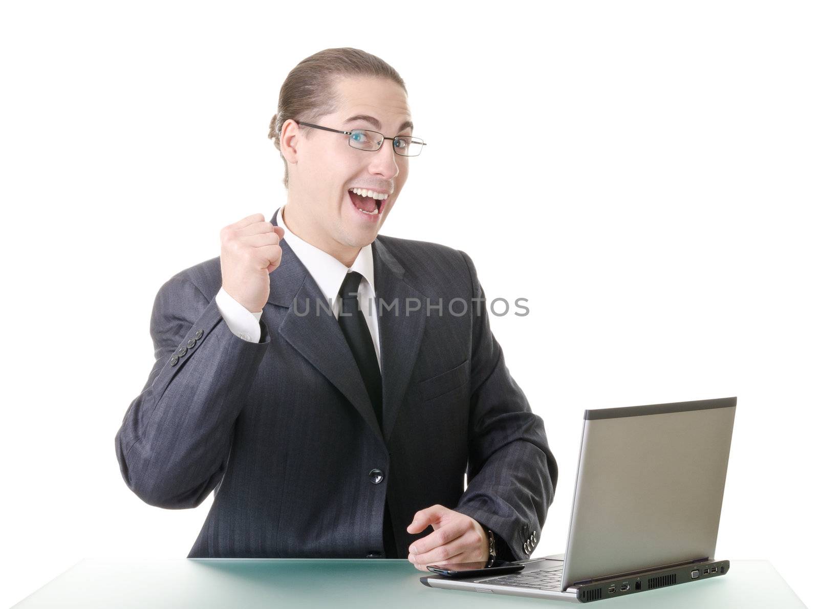 Businessman gesturing with emotions on a white background