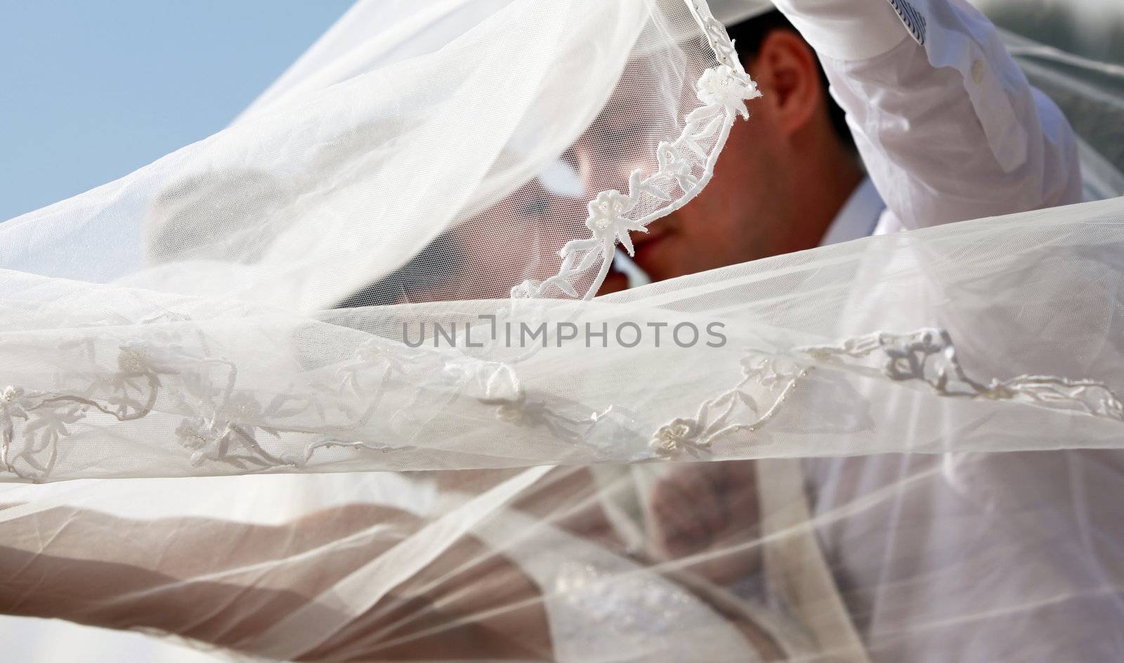 The groom and the bride kiss having closed by a veil