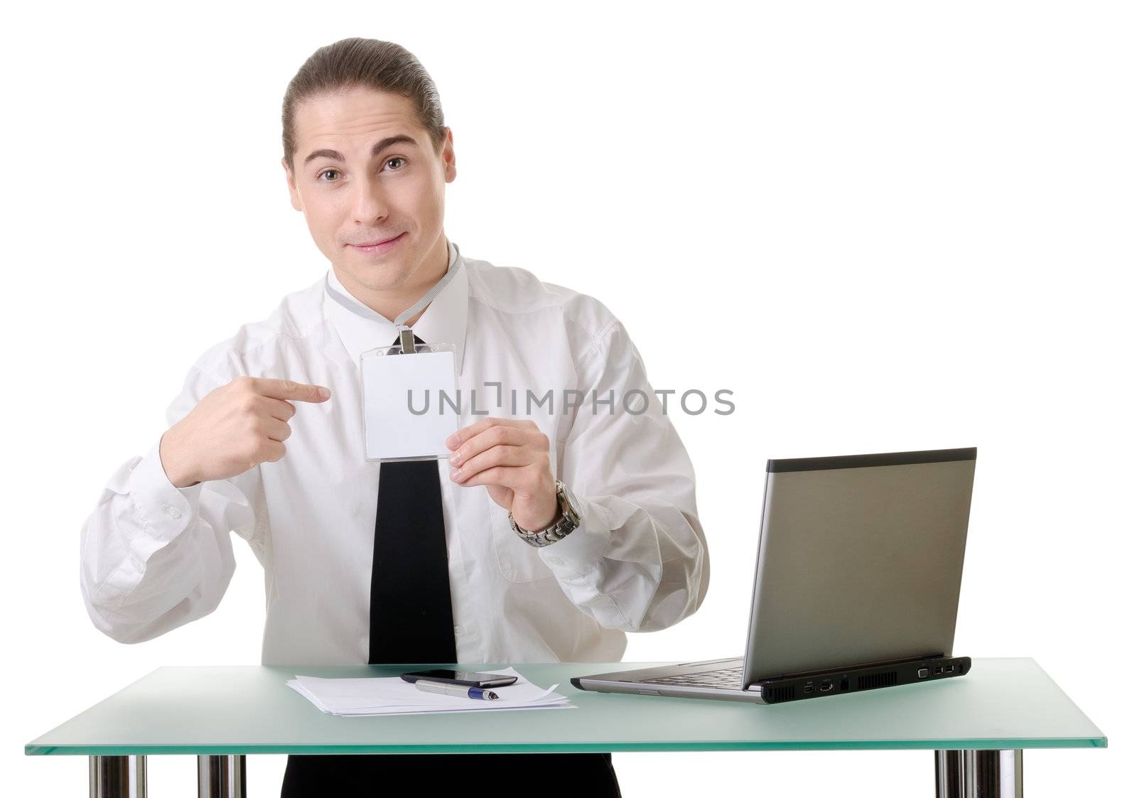 Businessman gesturing with emotions on a white background