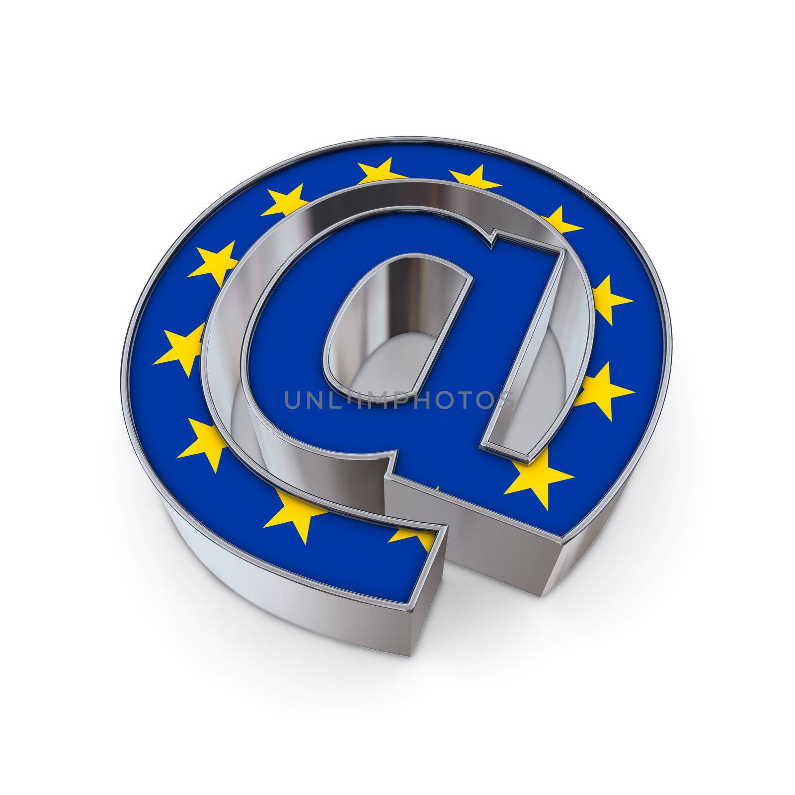 silver shiny chrome @-symbol on white background with European Union flag texture