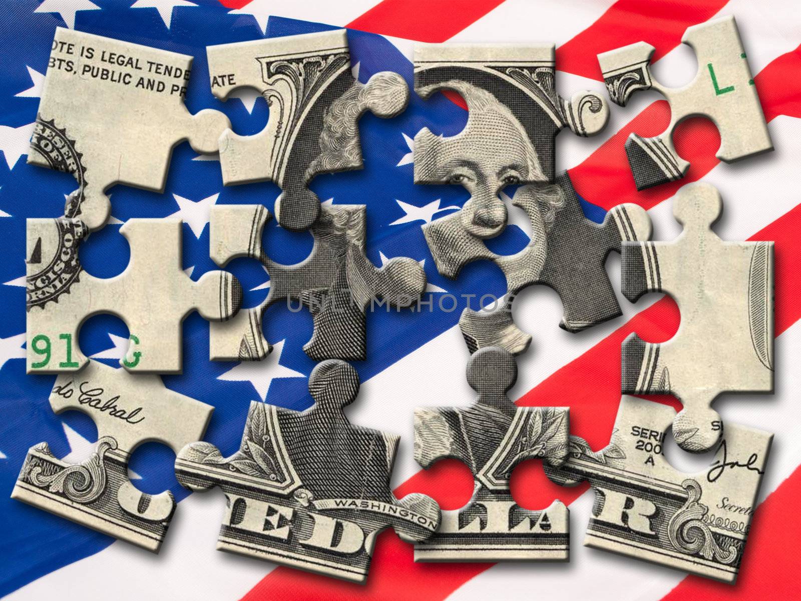 One US Dollar Banknote Puzzle on American Flag