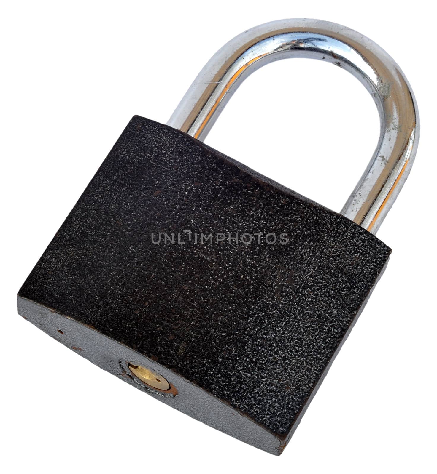 Padlock with the black case and the brilliant handle. It is isolated, closed