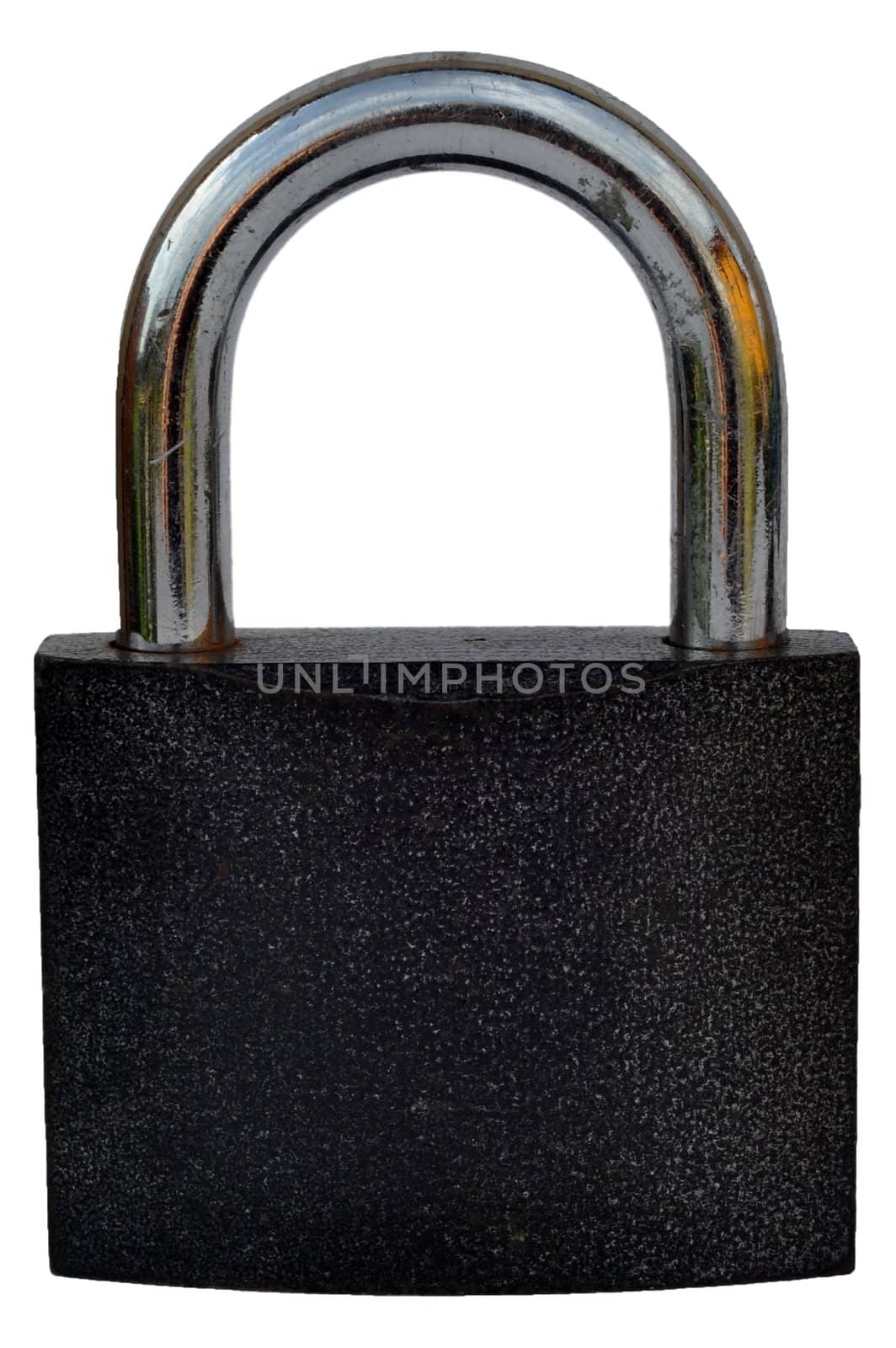 Padlock with the black case and the brilliant handle. It is isolated, closed