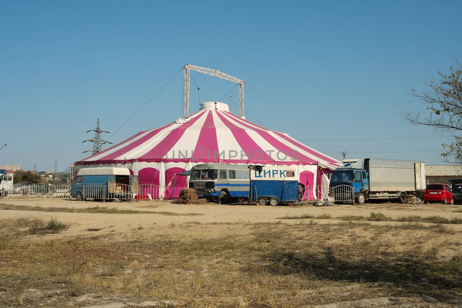 Traveling circus tent in a vacant lot located in the city of Aktau.