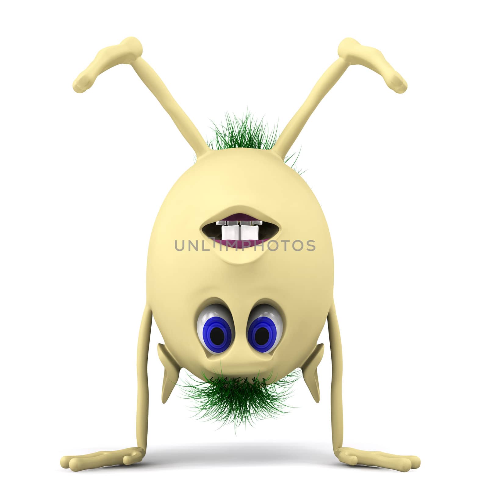 3d character puppet stand on the head on white