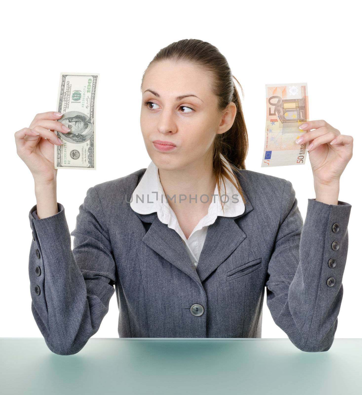 business woman holding a currency on a white background