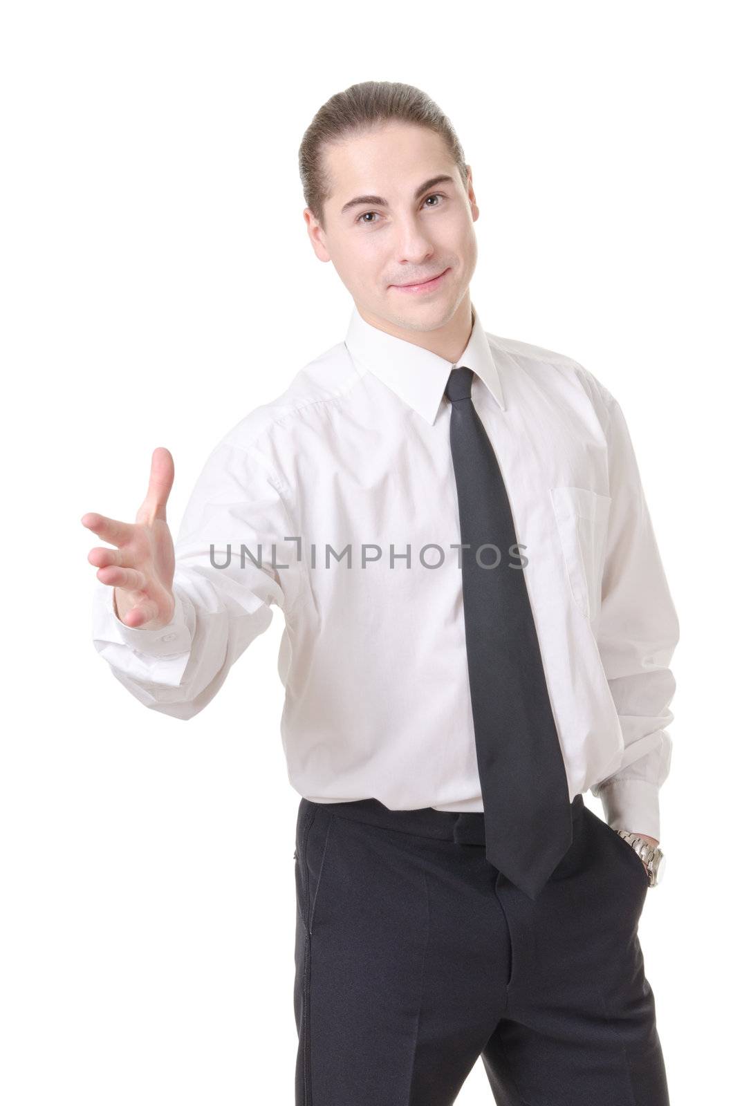 Businessman gesturing with emotions on a white background